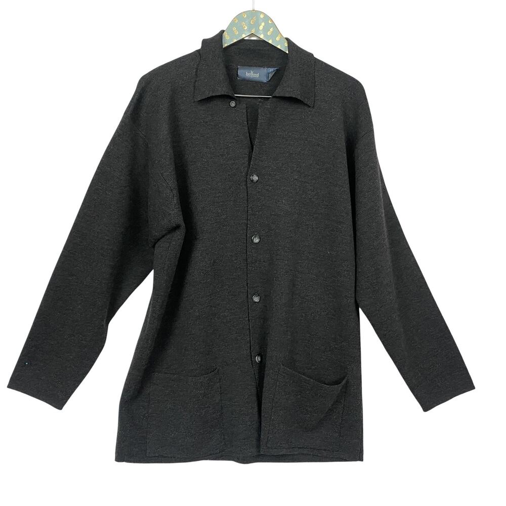 Belford Merino Wool Cardigan Sweater Womens Medium Gray Pockets Old Money Vtg